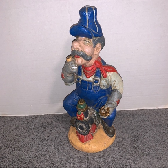 Vtg 1970's Miniature Train Conductor w/ Timepiece Chalkware Statue 10.5" - Picture 1 of 7